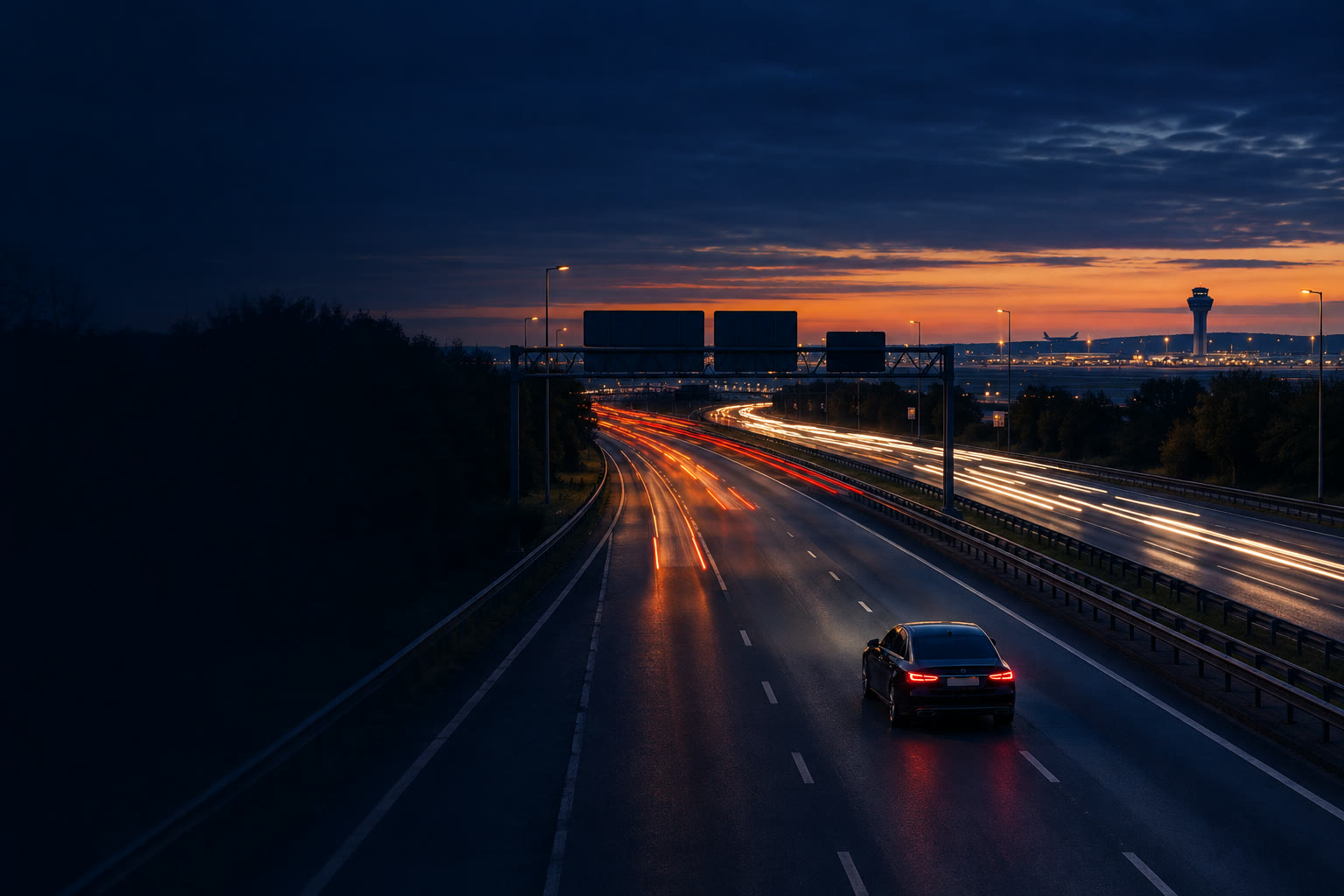 Car on a motorway at dusk heading towards an airport control tower
